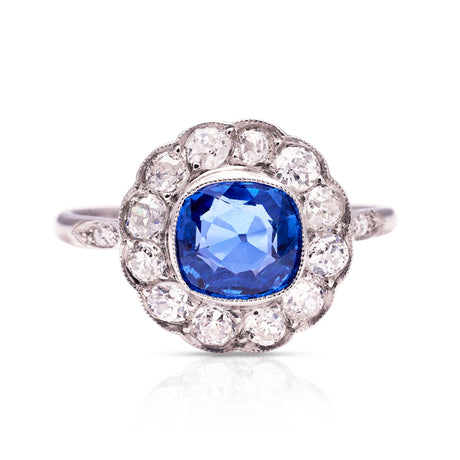 Vintage, 1940s Ceylon Cushion-Cut Sapphire and Diamond Cluster Engagement Ring front view