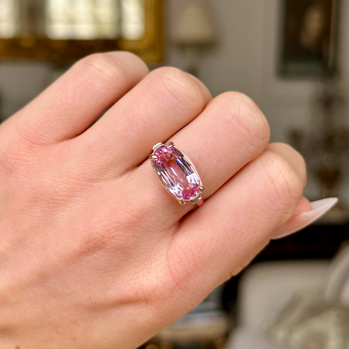 Vintage, 1940s Pale Pink Topaz Ring, worn on closed hand.