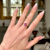 Vintage, 1940s Pink Sapphire Single-Stone Ring, worn on hand.