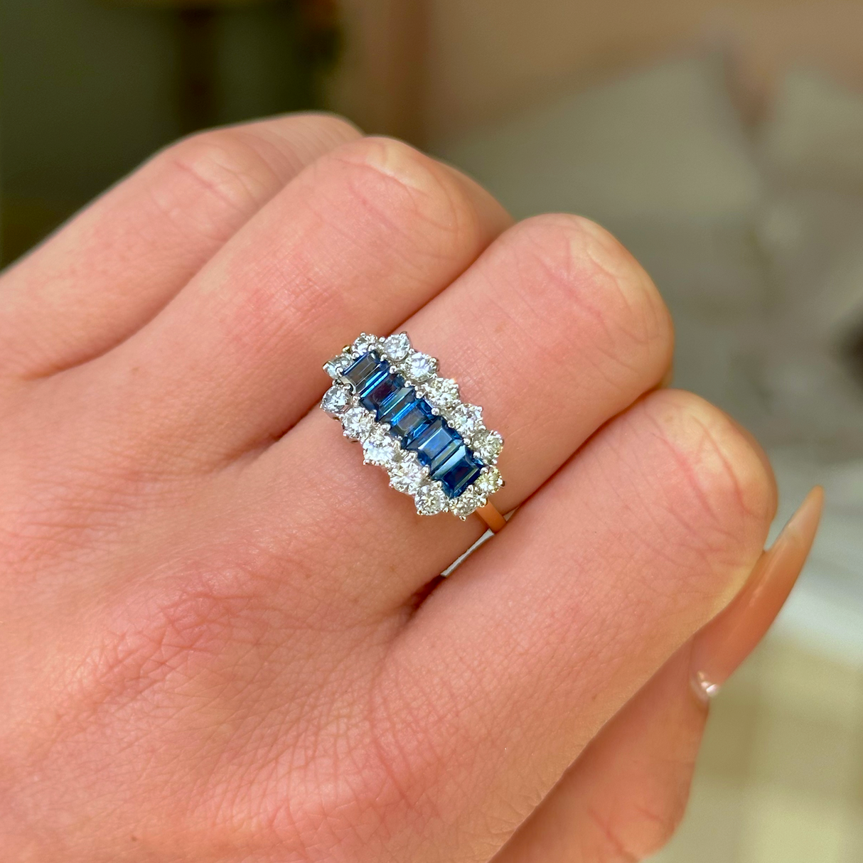 Vintage, 1950s Sapphire and Diamond Cocktail Ring, 18ct Yellow Gold and Platinum worn on hand.