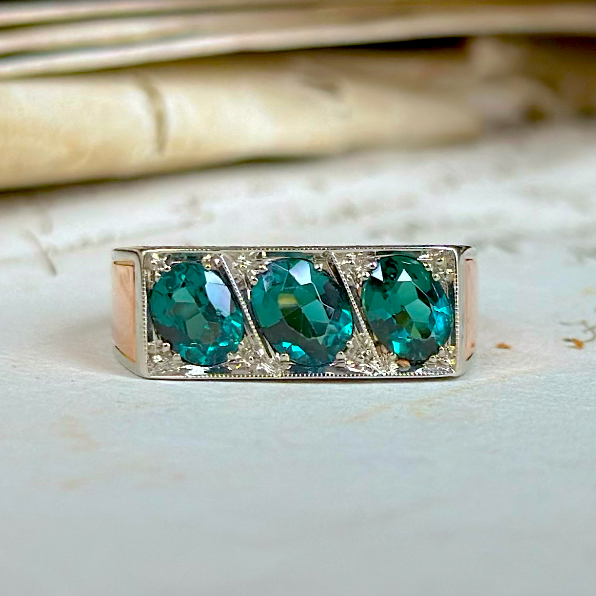 Vintage, 1950s Three-Stone Indicolite Tourmaline Ring, 14ct Rose and White Gold front view