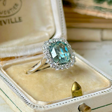 Vintage, 1960s Teal Sapphire and Diamond Square Cluster Ring, 18ct White Gold front view
