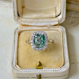 Vintage, 1960s Teal Sapphire and Diamond Square Cluster Ring, 18ct White Gold top view