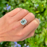 Vintage, 1960s Teal Sapphire and Diamond Square Cluster Ring, 18ct White Gold worn on hand.
