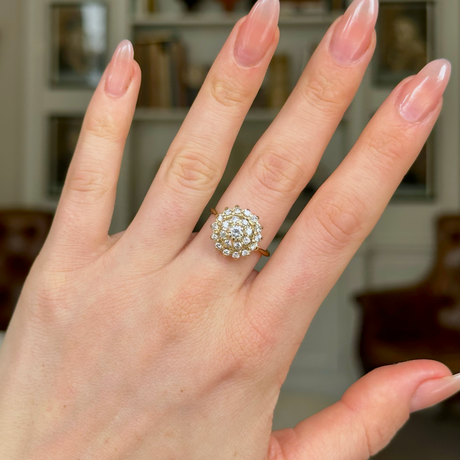 Vintage, 1970s Large Diamond Cluster Ring, 18ct Yellow Gold worn on hand.