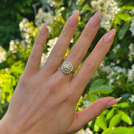 Vintage, 1970s Large Diamond Cluster Ring, 18ct Yellow Gold worn on hand.