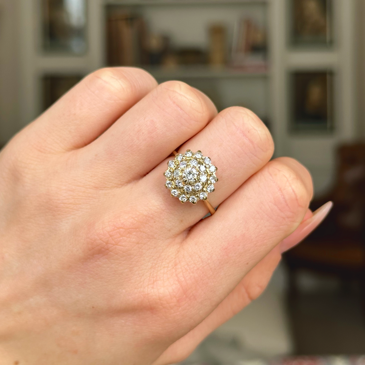 Vintage, 1970s Large Diamond Cluster Ring, 18ct Yellow Gold worn on closed hand.