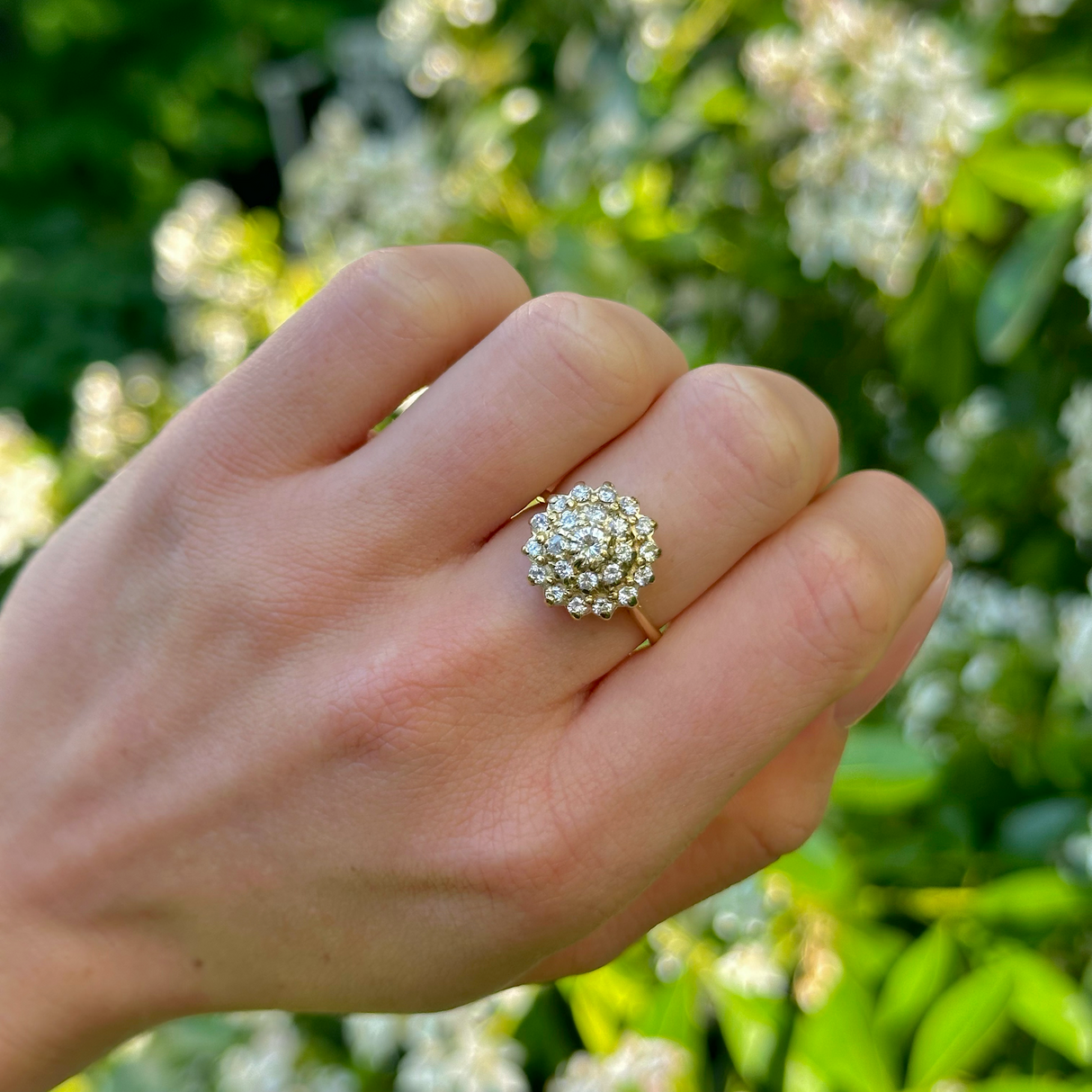 Vintage 1970s large diamond cluster ring 18ct yellow gold Antique Ring Boutique