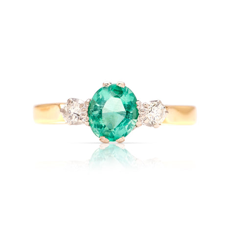  Vintage, 1970s emerald & diamond three-stone ring front view