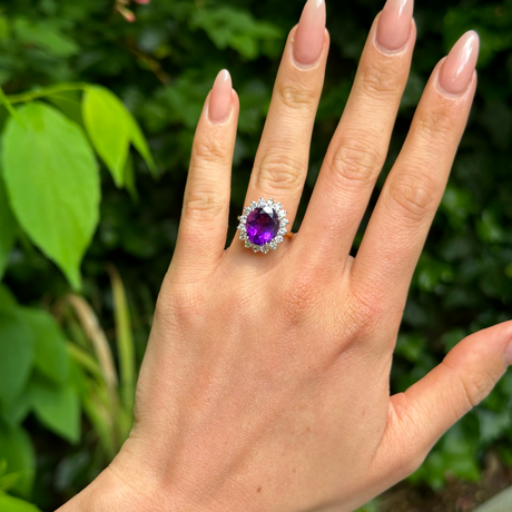 Vintage, 1980s Amethyst and Diamond Cluster Cocktail Ring, 18ct Yellow Gold and Platinum worn on hand.