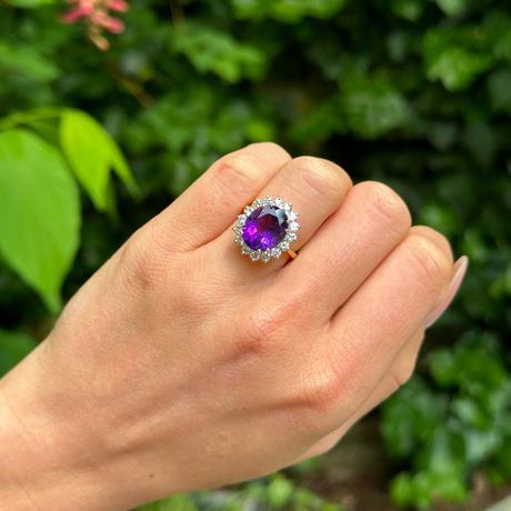 Vintage, 1980s Amethyst and Diamond Cluster Cocktail Ring, 18ct Yellow Gold and Platinum worn on hand.