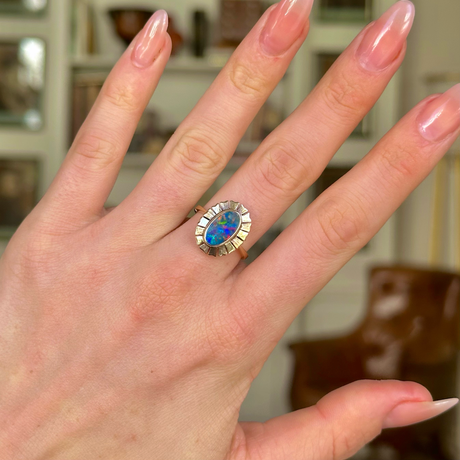 Vintage, 1980s Black Opal Ring, 9ct Yellow Gold worn on hand.