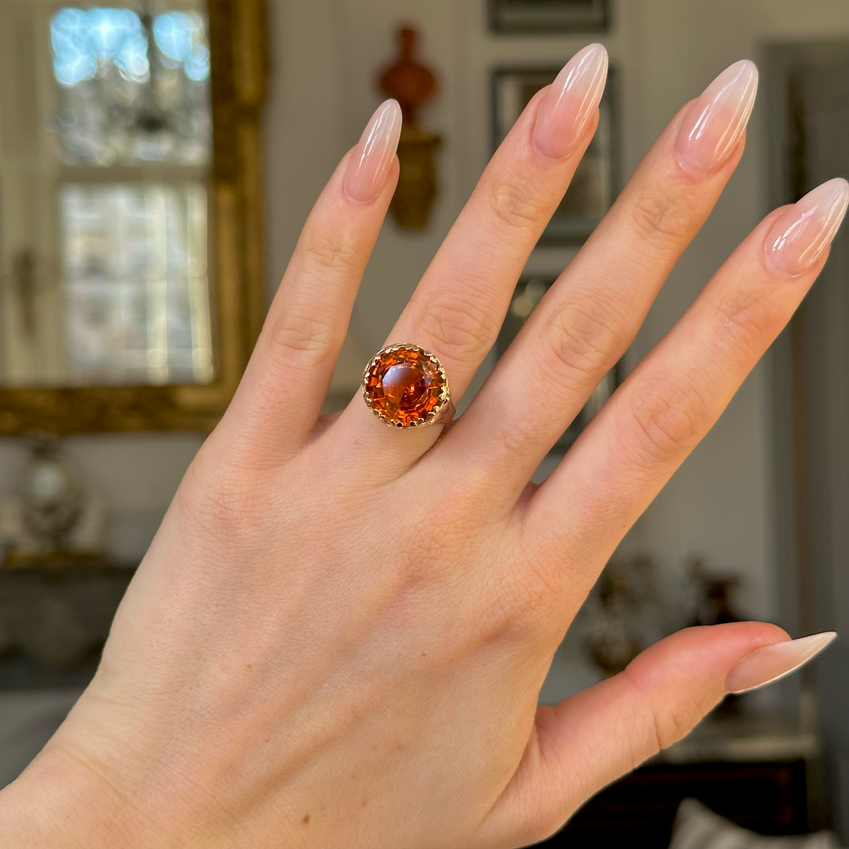 Vintage, 1980s Citrine Cocktail Ring, 18ct Yellow Gold worn on hand.