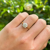 Vintage, 1980s Diamond Cluster Engagement Ring, 18ct Yellow Gold worn on hand.
