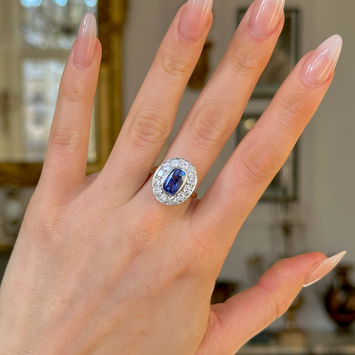 Vintage, 1980s Sapphire & Diamond Ring, 18ct Yellow Gold & Platinum worn on hand. 