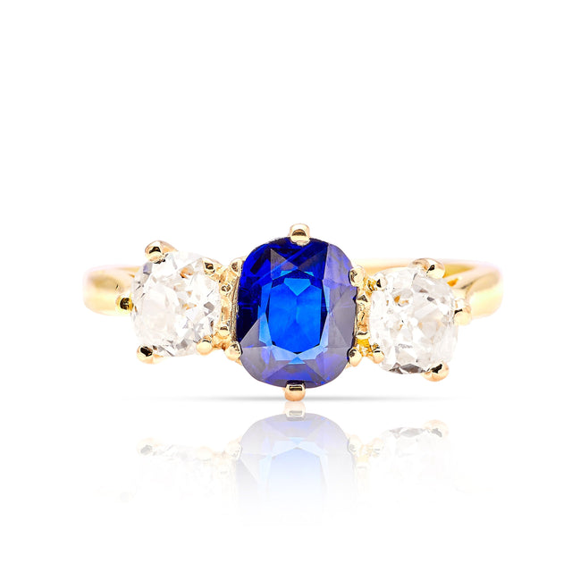  Vintage, 1980s sapphire and diamond three-stone ring front view