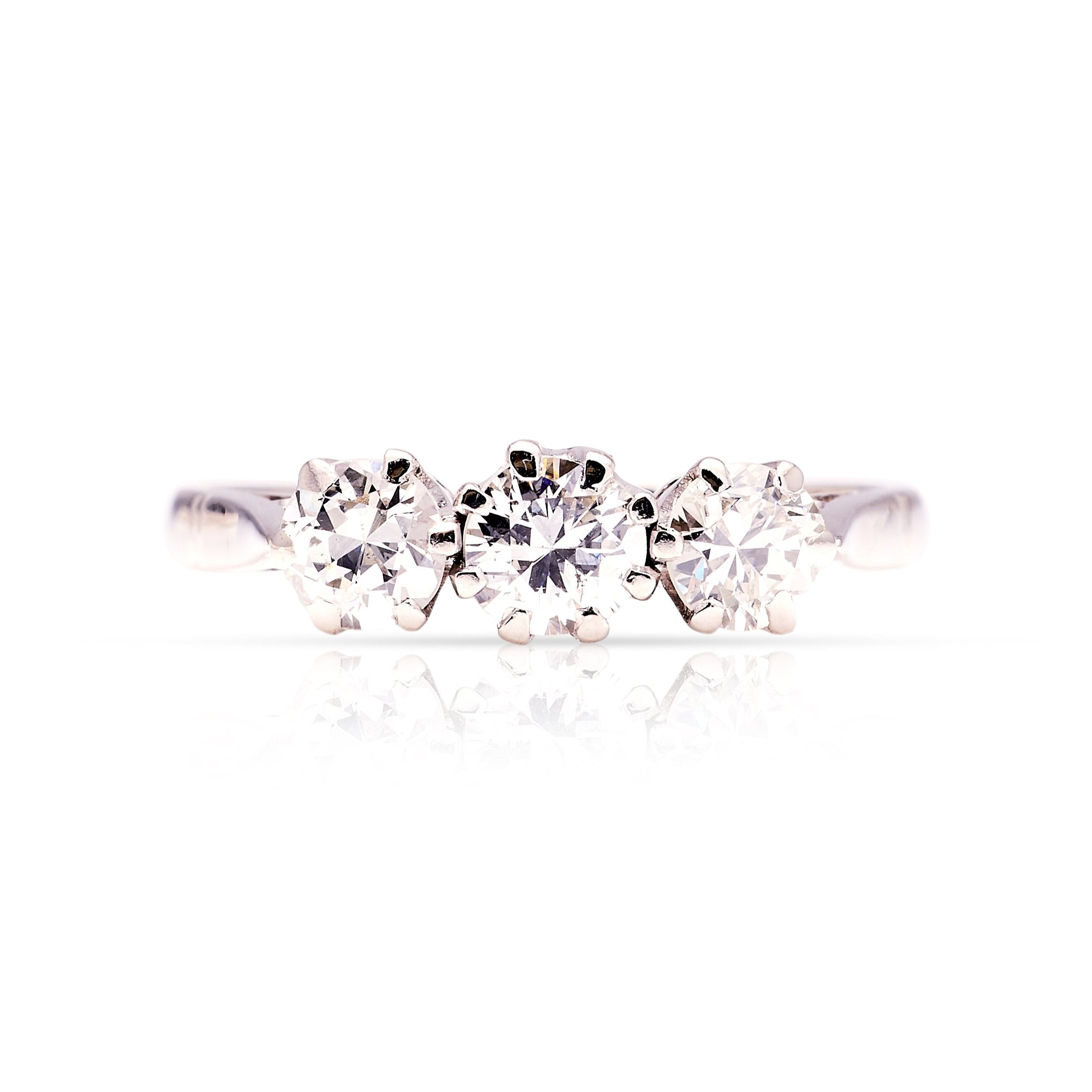 Vintage, 1980s three-stone diamond ring front view