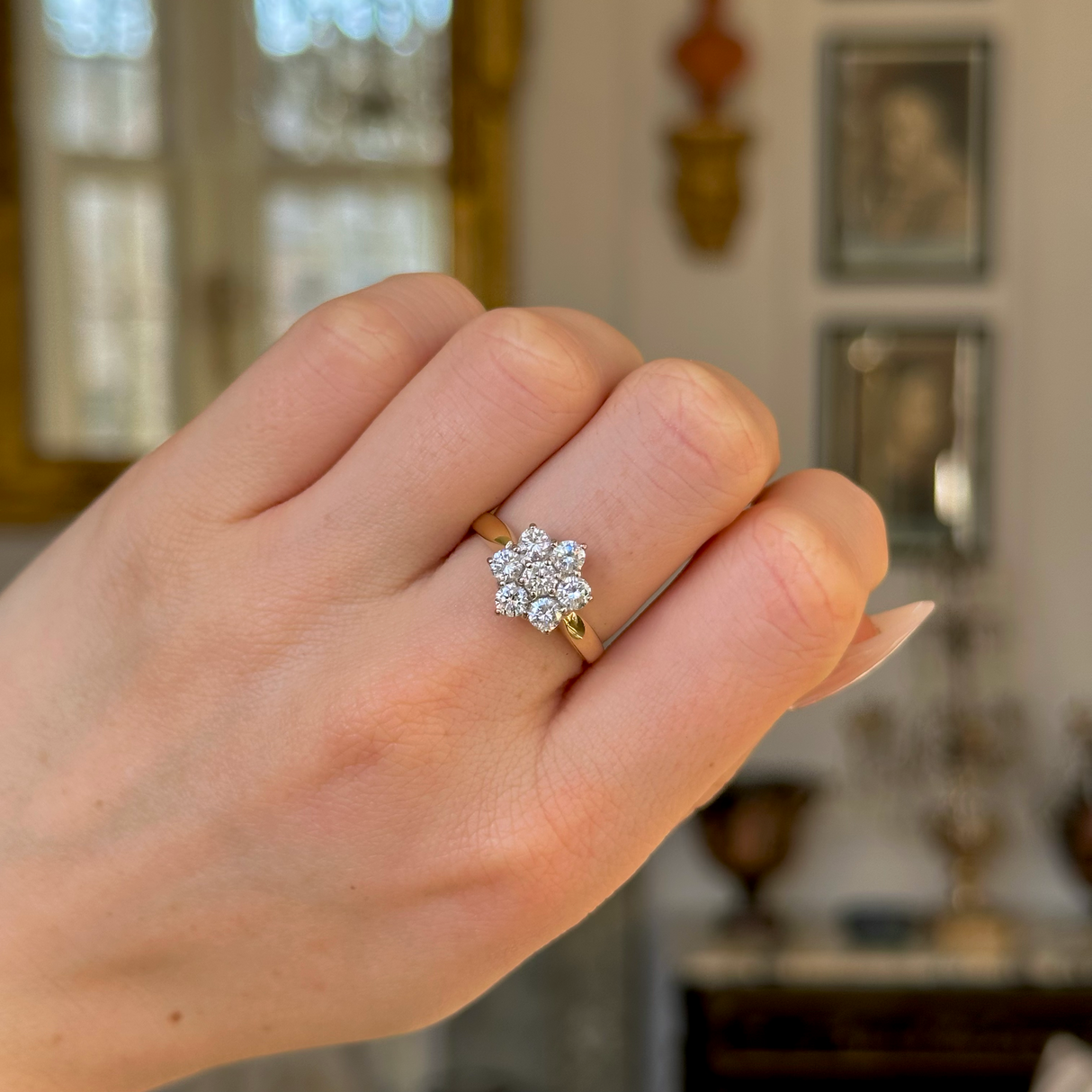 Vintage, 1990s Diamond Cluster Engagement Ring, 18ct Yellow and White Gold worn on closed hand.