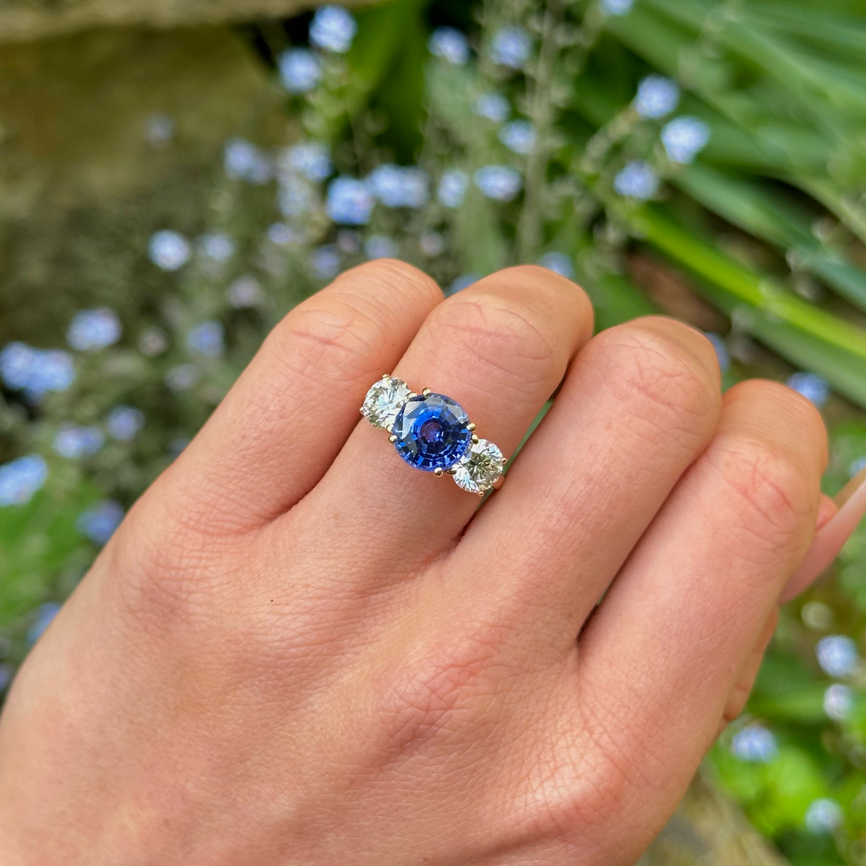 Vintage 4ct sapphire and diamond three stone engagement ring Antique Ring Boutique