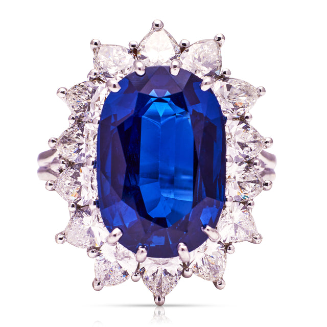 Vintage sapphire and diamond cluster ring, front view. 
