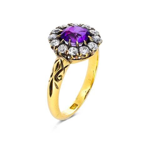 Antique, Amethyst and Diamond Cluster Ring, 18ct Yellow Gold