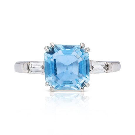 vintage aquamarine and diamond ring, front view. 