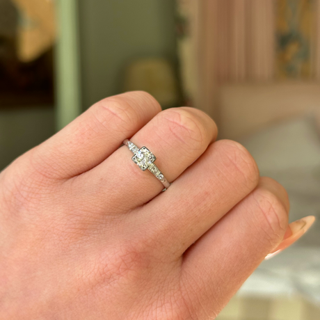 Vintage, Art Deco Diamond Engagement Ring, Platinum and Iridium worn on closed hand.