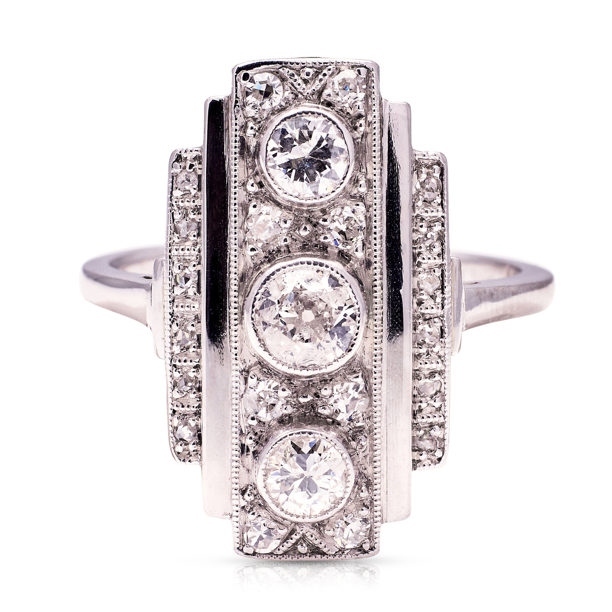 Vintage, Art Deco Three-Stone Diamond Panel Ring, Platinum