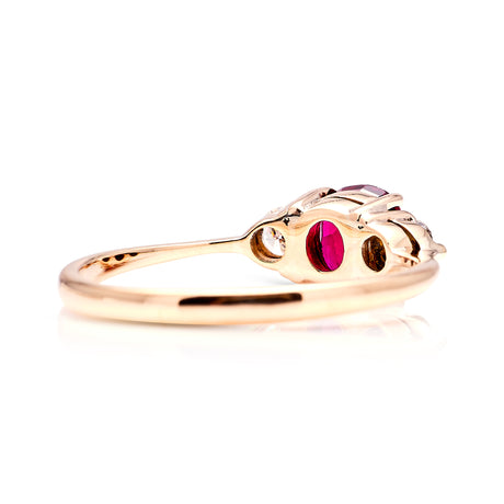 Vintage, Art Deco ruby & diamond three stone ring back view
