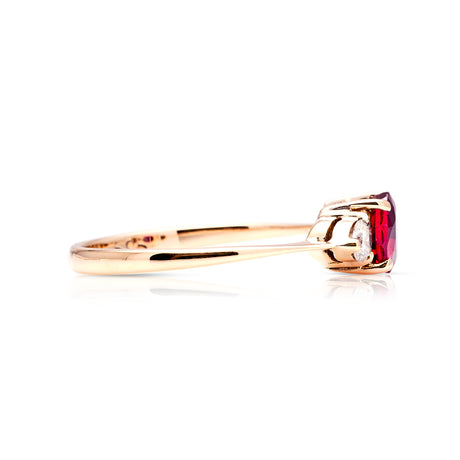 Vintage, Art Deco ruby & diamond three stone ring side view