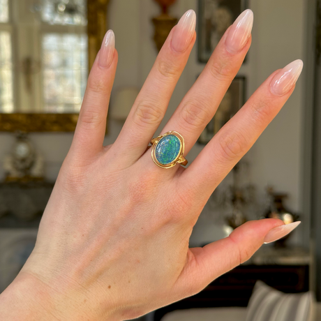 Vintage, Simulated Black Opal Cocktail Ring, 18ct Yellow Gold worn on hand.