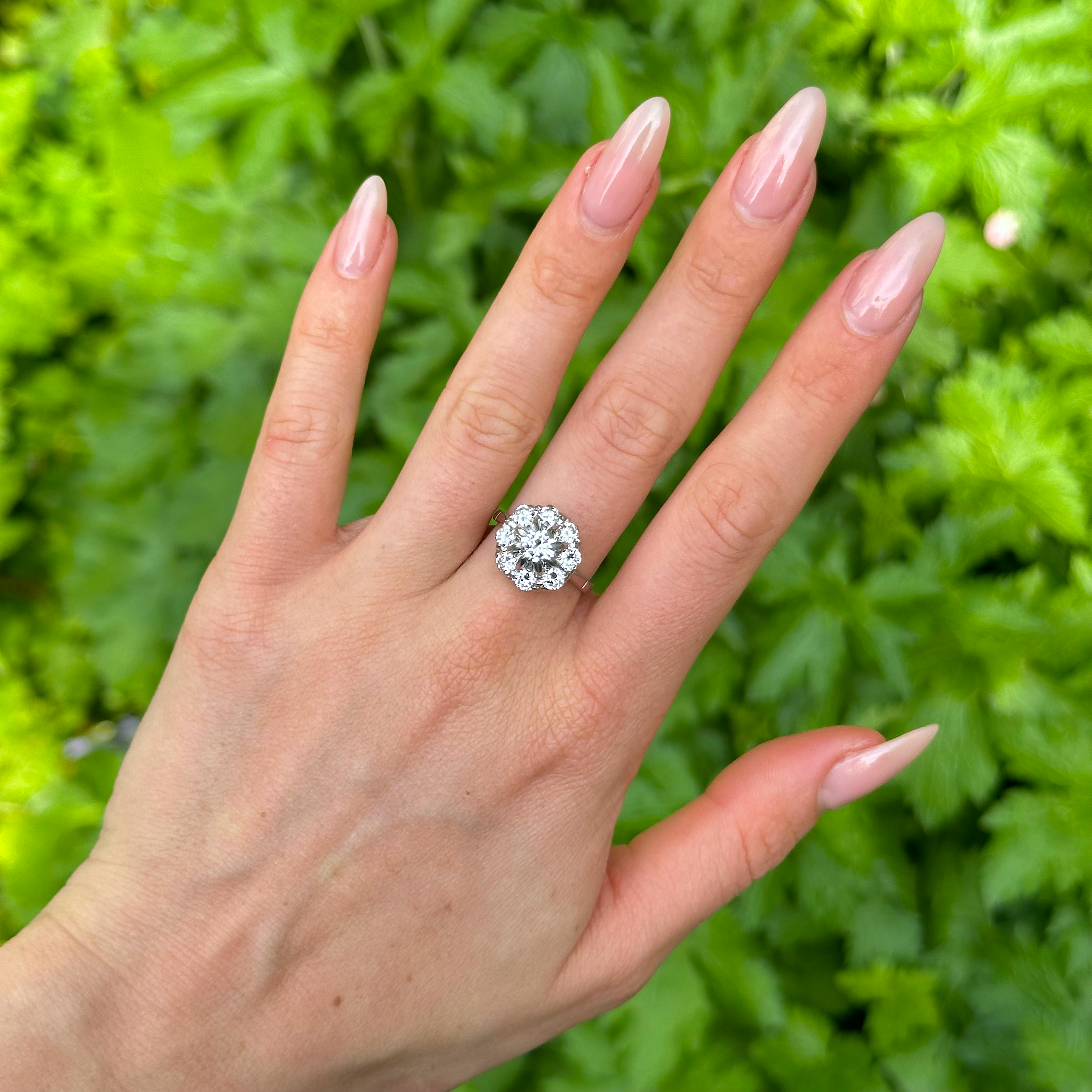Vintage, Diamond Cluster Engagement Ring, 18ct White Gold worn on hand.