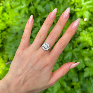 Vintage, Diamond Cluster Engagement Ring, 18ct White Gold worn on hand.