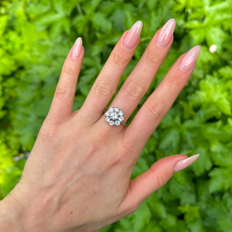 Vintage, Diamond Cluster Engagement Ring, 18ct White Gold worn on hand. 