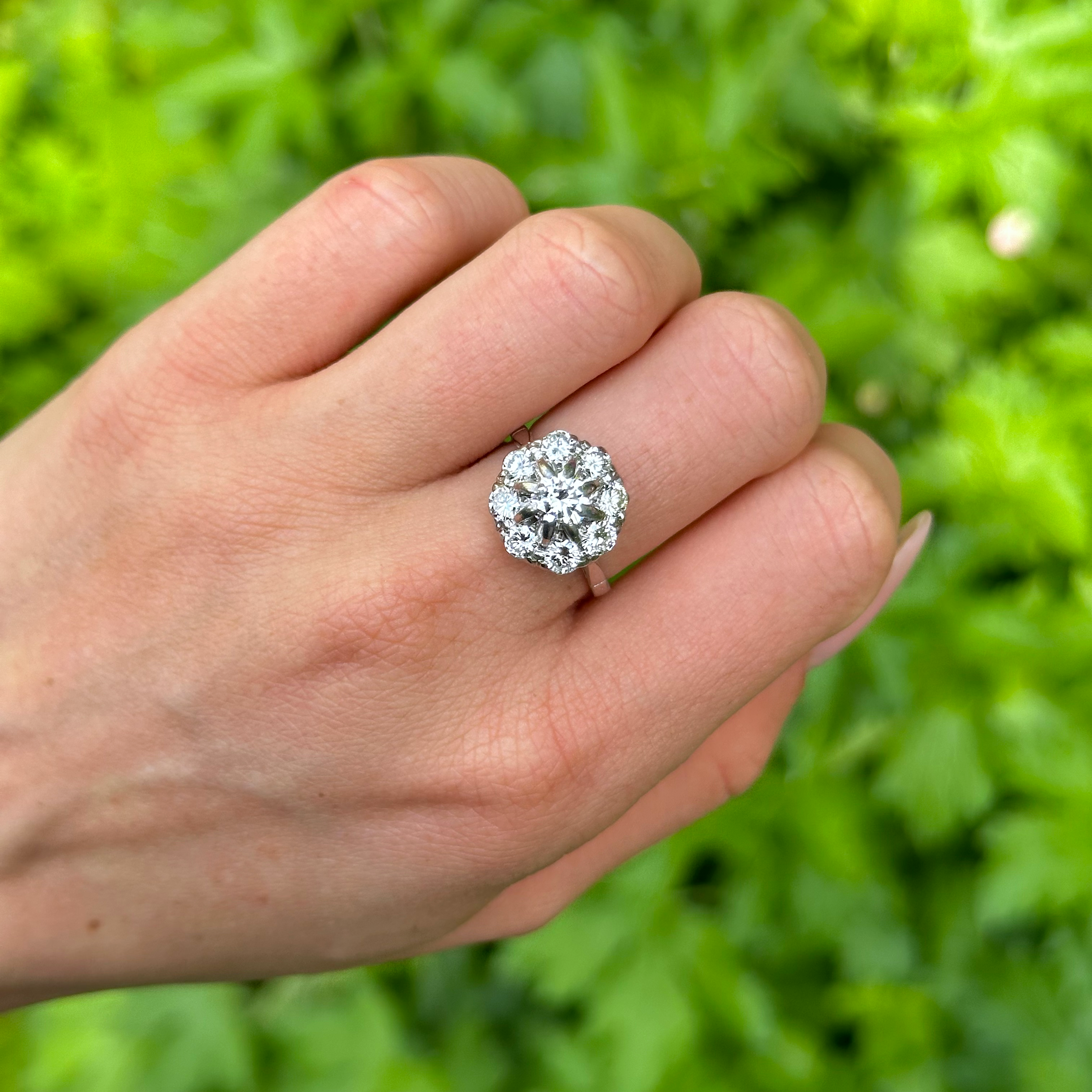 Vintage, Diamond Cluster Engagement Ring, 18ct White Gold worn on hand.