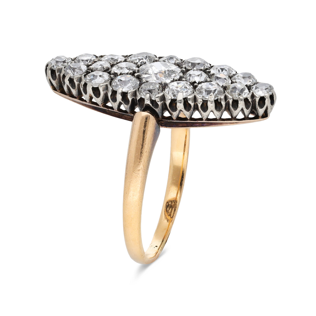 Vintage diamond navette ring, side view.