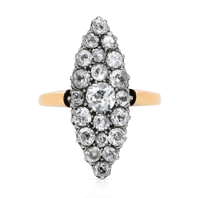 Vintage diamond navette ring, front view.