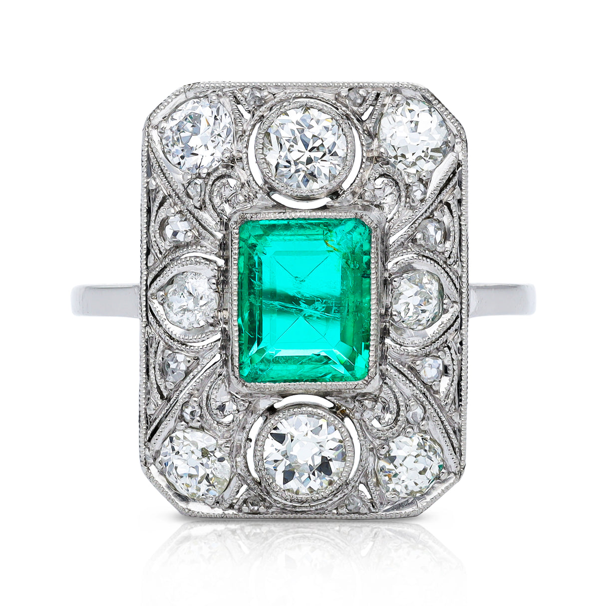 Art Deco emerald and diamond panel ring, front view. 