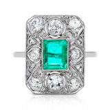 Art Deco emerald and diamond panel ring, front view. 