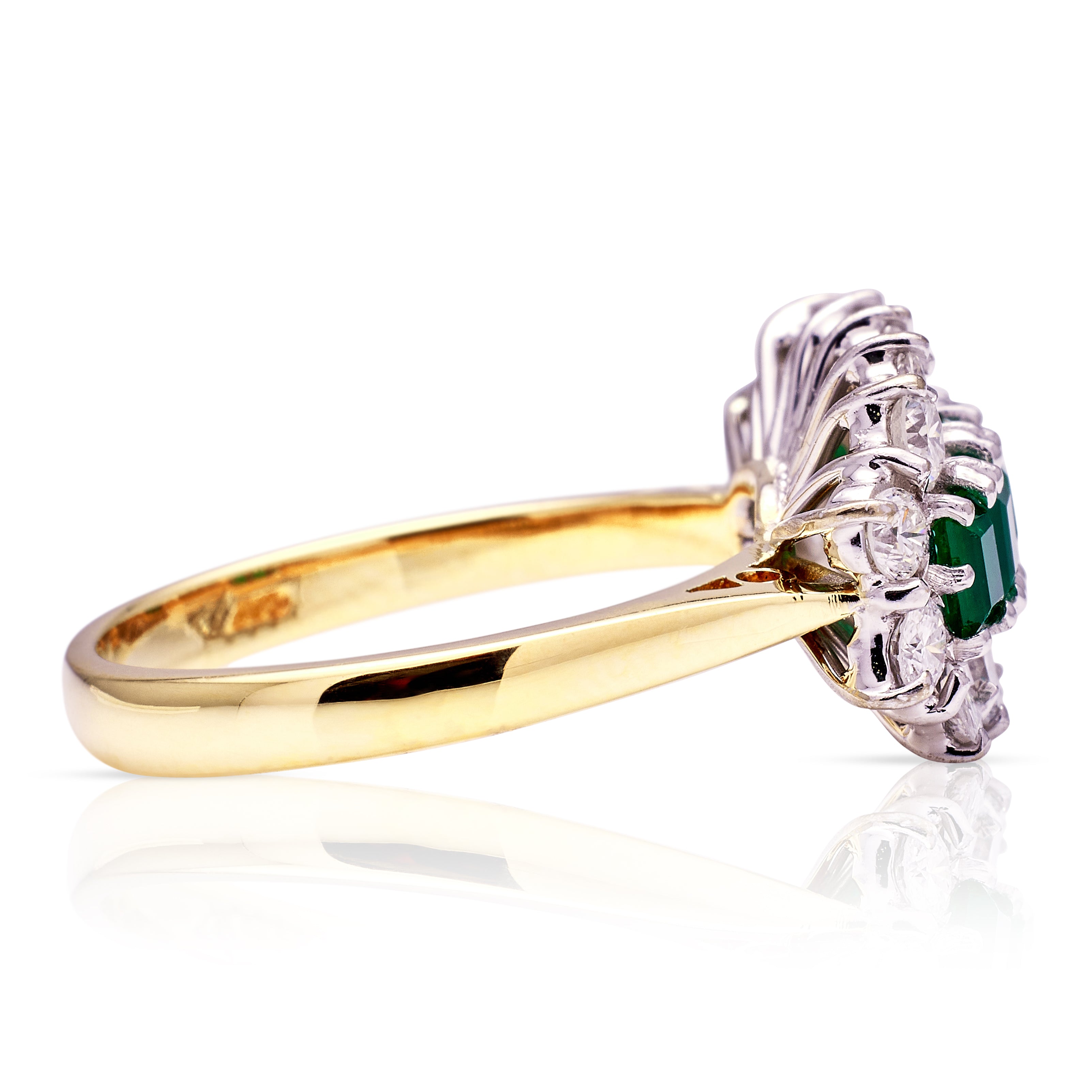 Vintage, 1990s Emerald and Diamond Cluster Ring, 18ct Yellow Gold side view