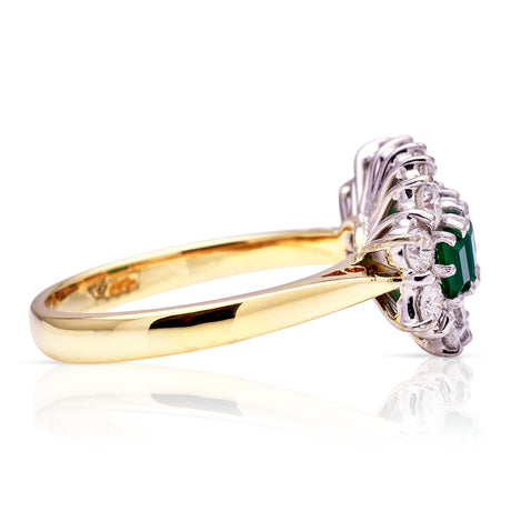 Vintage, 1990s Emerald and Diamond Cluster Ring, 18ct Yellow Gold side view