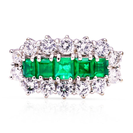 Vintage, 1990s Emerald and Diamond Cluster Ring, 18ct Yellow Gold front view
