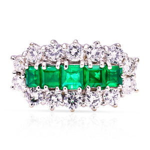 Vintage, 1990s Emerald and Diamond Cluster Ring, 18ct Yellow Gold front view