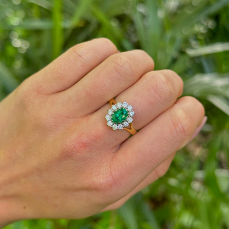 Vintage, Emerald and Diamond Cluster Ring, 18ct Yellow Gold & Platinum