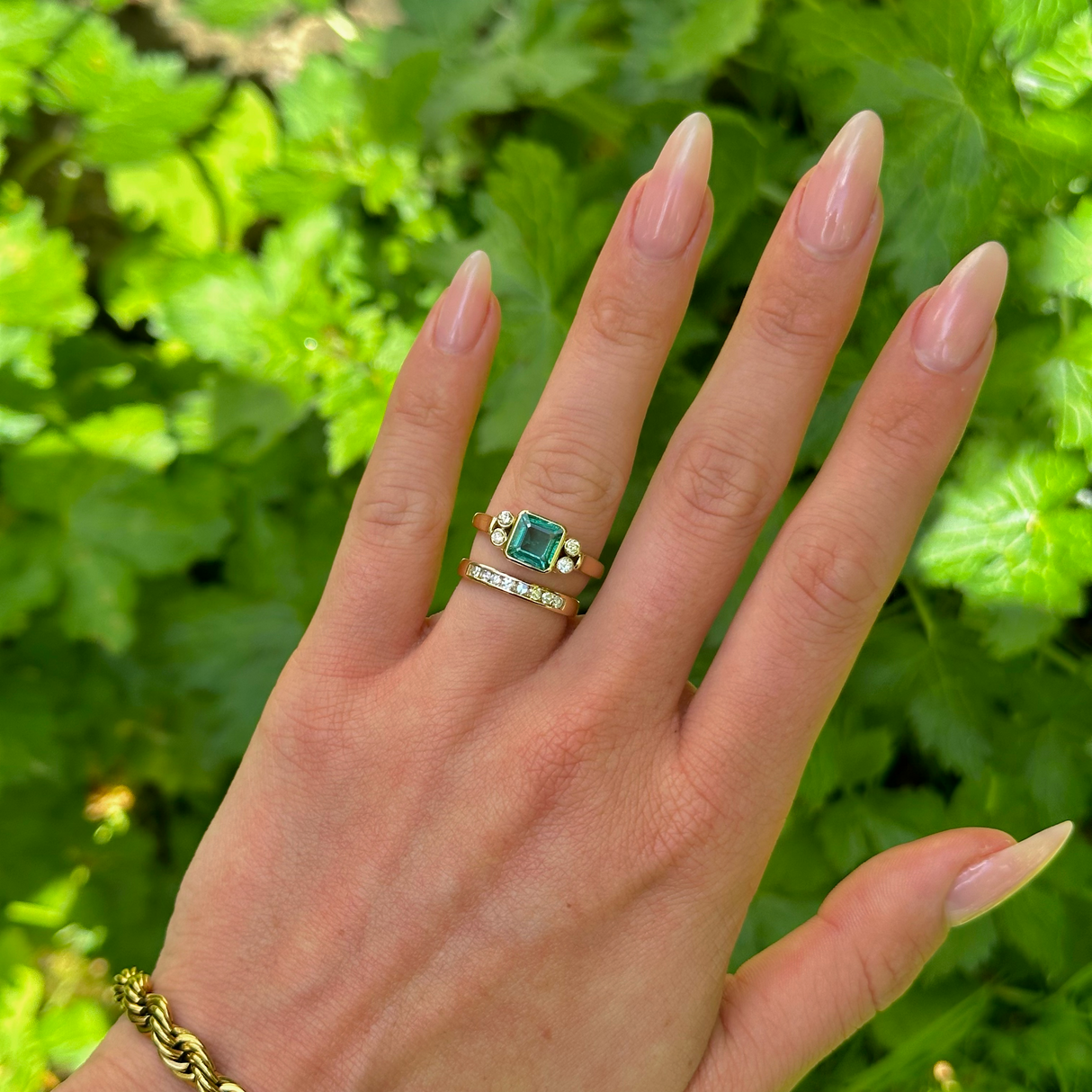 Vintage, emerald and diamond ring, 18ct yellow gold