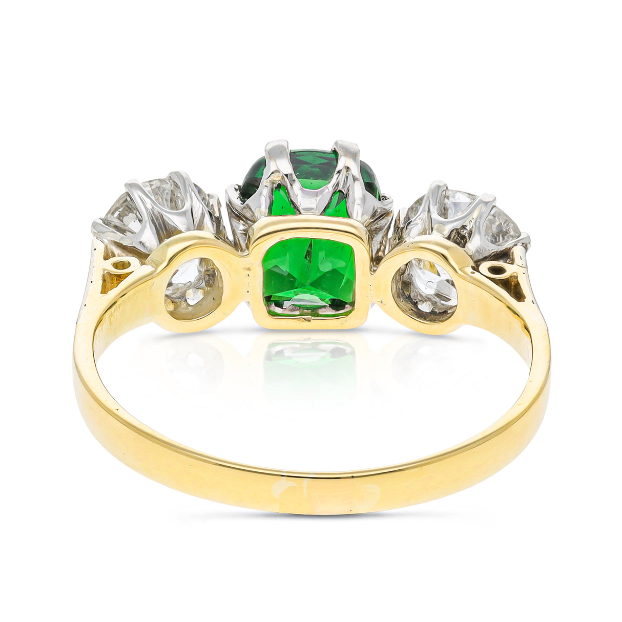green garnet and diamond three stone ring, back view.
