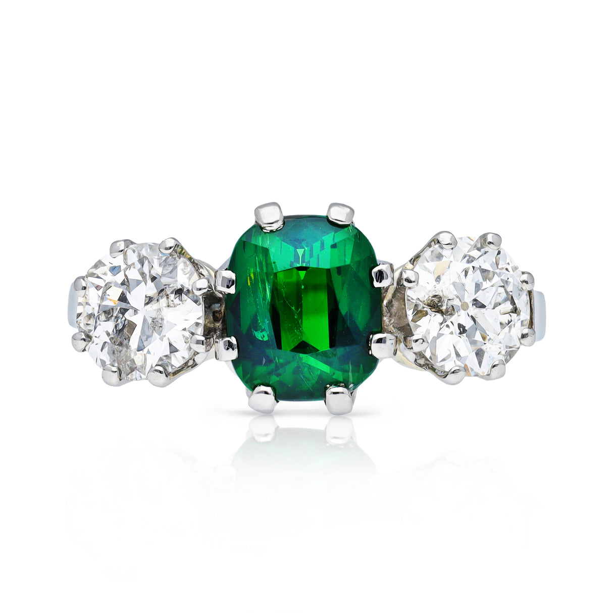 green garnet and diamond three stone ring, front view.