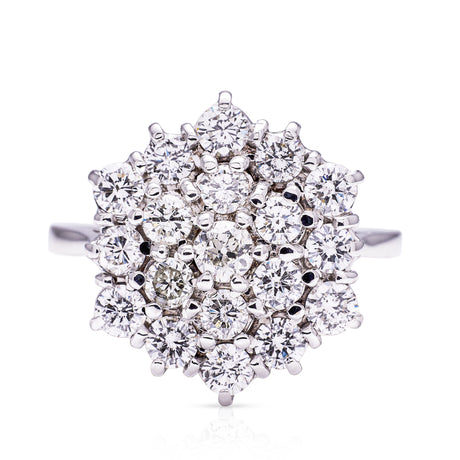 Vintage, large diamond cluster ring, front view.