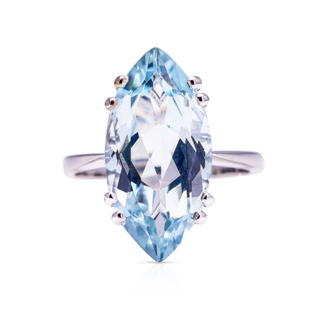 vintage marquise cut aquamarine ring, front view. 