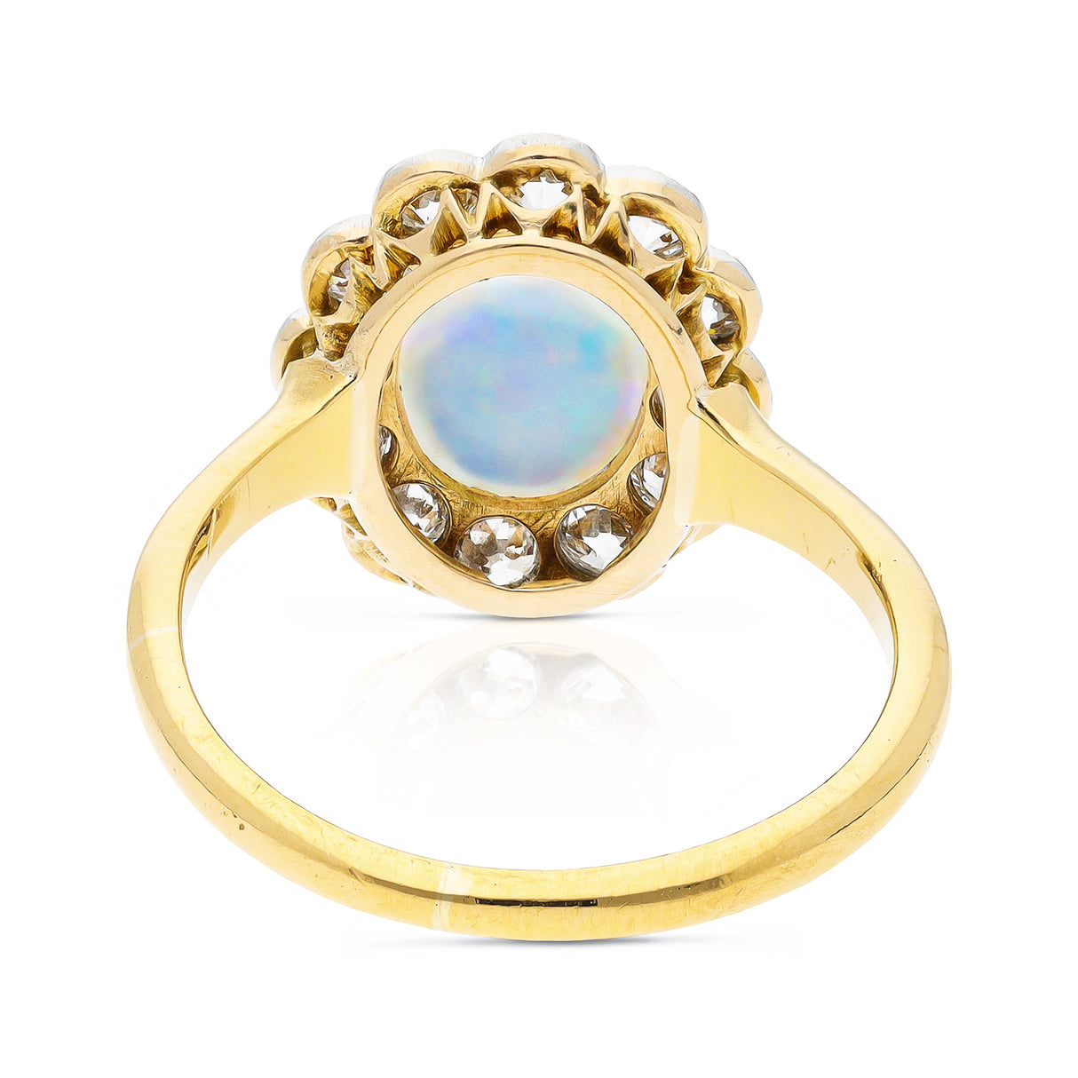 Opal and diamond cluster ring, rear view.
